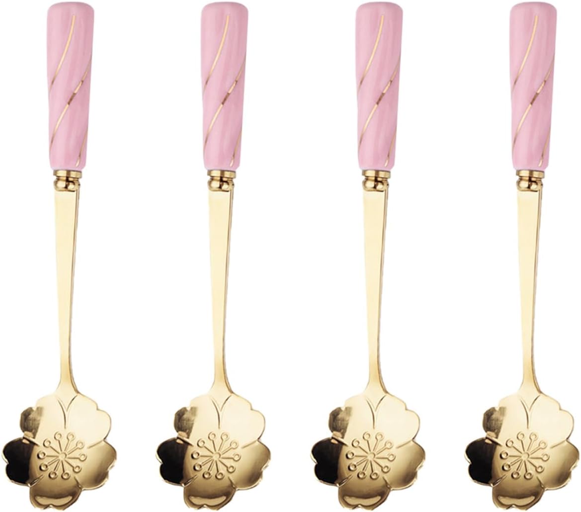 4pcs Stainless Steel Coffee Spoon Flower- shaped Spoons Tea Sugar Spoon Dinner Espresso Spoons for Dessert Cake Mixing Drinks Appetizer (Pink)