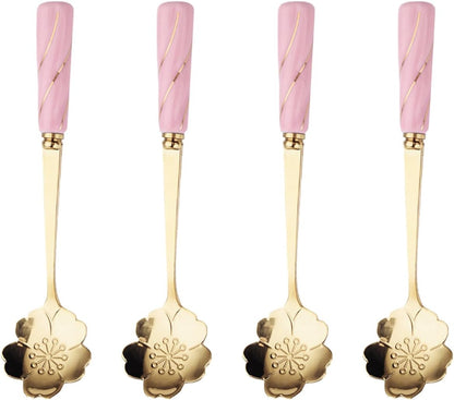 4pcs Stainless Steel Coffee Spoon Flower- shaped Spoons Tea Sugar Spoon Dinner Espresso Spoons for Dessert Cake Mixing Drinks Appetizer (Pink)