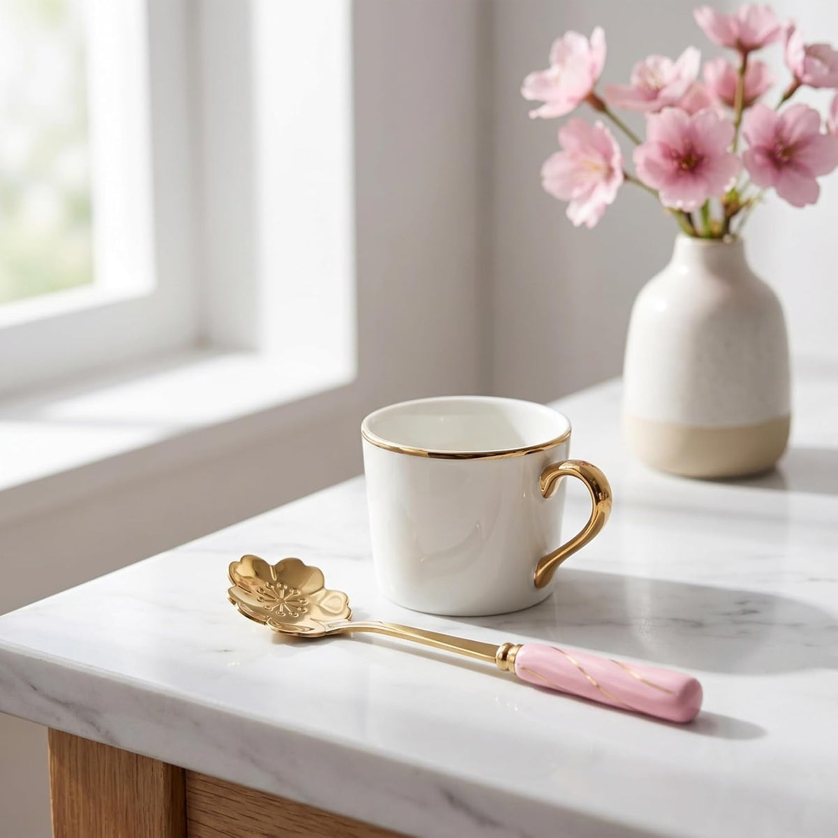 4pcs Stainless Steel Coffee Spoon Flower- shaped Spoons Tea Sugar Spoon Dinner Espresso Spoons for Dessert Cake Mixing Drinks Appetizer (Pink)