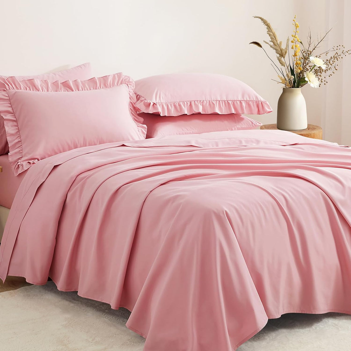 Dusty Pink Ruffle Sheets Full Size 6 Piece, Shabby Chic Bed Sheet