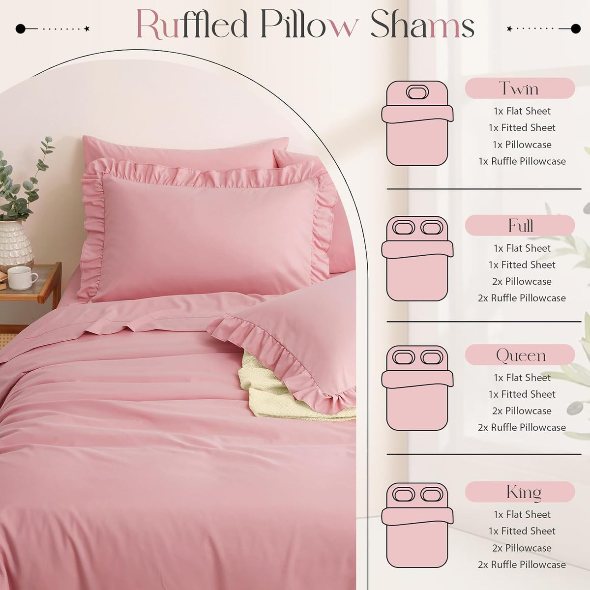 Dusty Pink Ruffle Sheets Full Size 6 Piece, Shabby Chic Bed Sheet