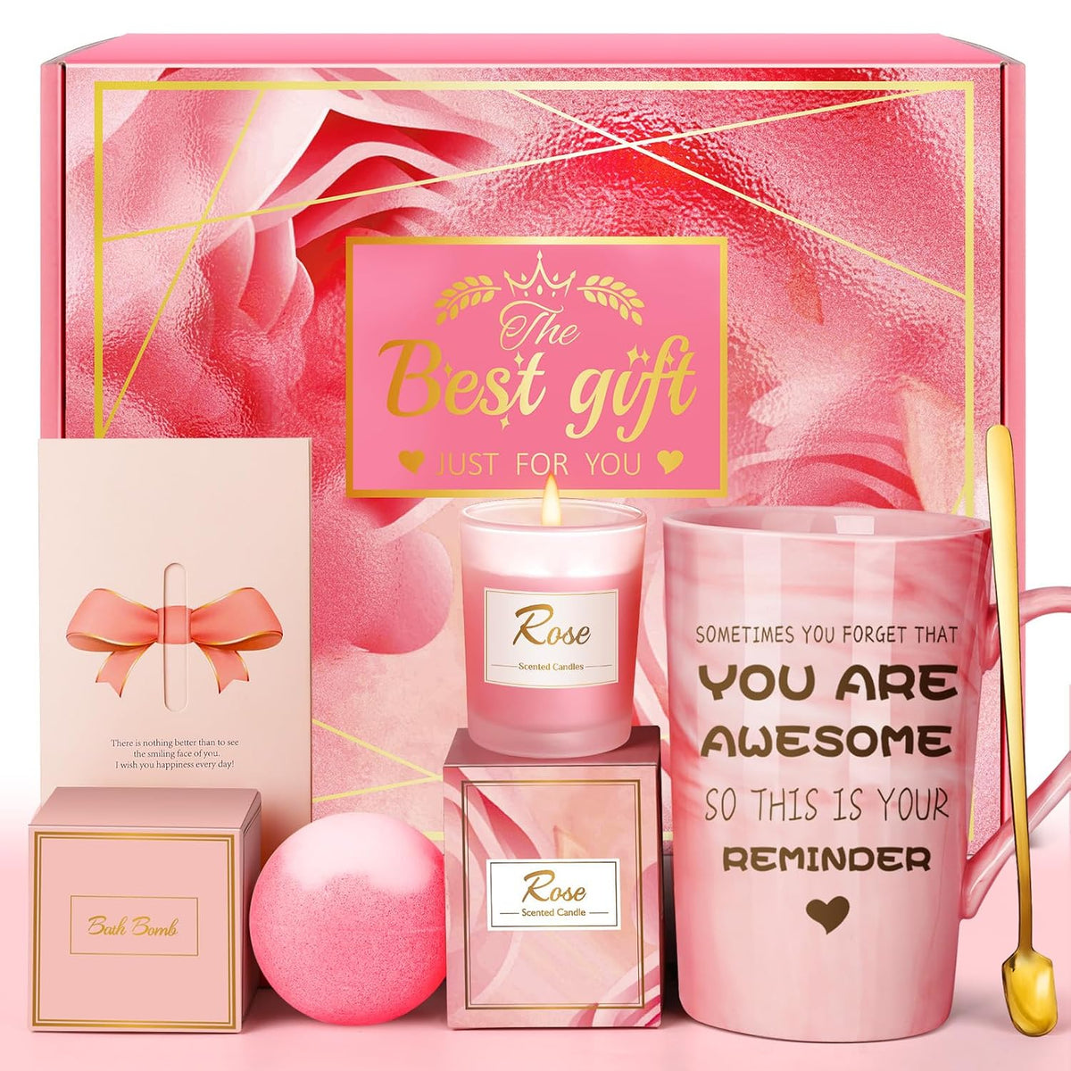 Birthday Gifts for Women, Mom, Unique Pink Spa Relaxation Baskets Set