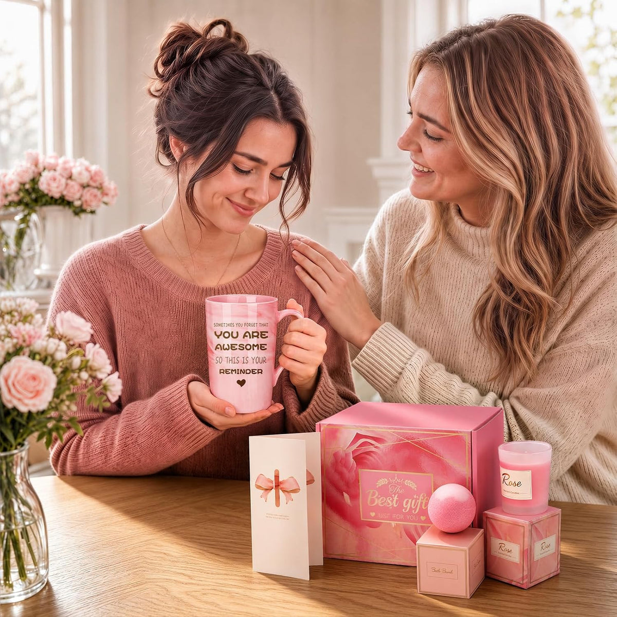 Birthday Gifts for Women, Mom, Unique Pink Spa Relaxation Baskets Set