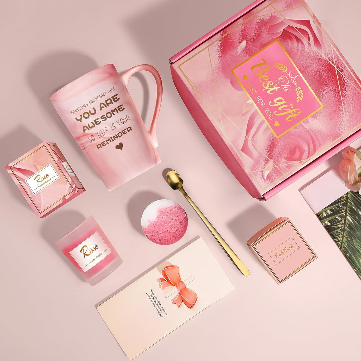 Birthday Gifts for Women, Mom, Unique Pink Spa Relaxation Baskets Set