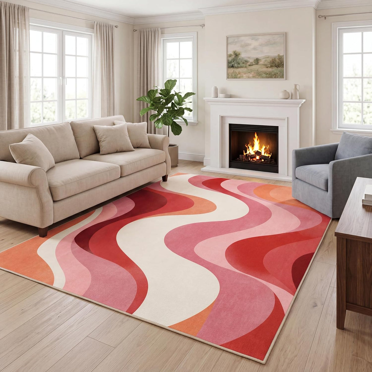5x7 Pink and White Modern Abstract Wavy Washable Area Rug