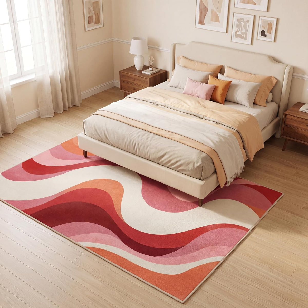 5x7 Pink and White Modern Abstract Wavy Washable Area Rug