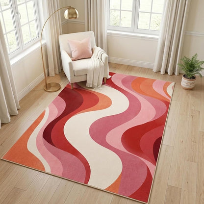 5x7 Pink and White Modern Abstract Wavy Washable Area Rug