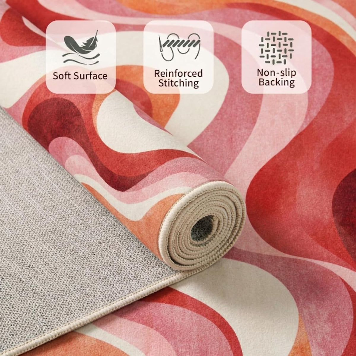 5x7 Pink and White Modern Abstract Wavy Washable Area Rug