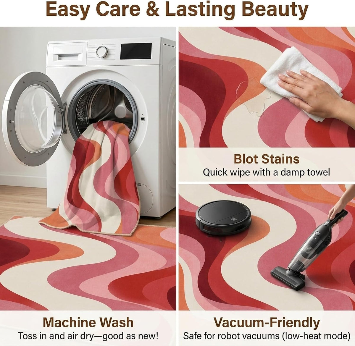 5x7 Pink and White Modern Abstract Wavy Washable Area Rug
