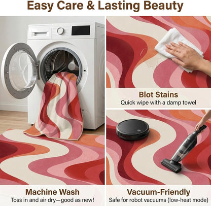 5x7 Pink and White Modern Abstract Wavy Washable Area Rug
