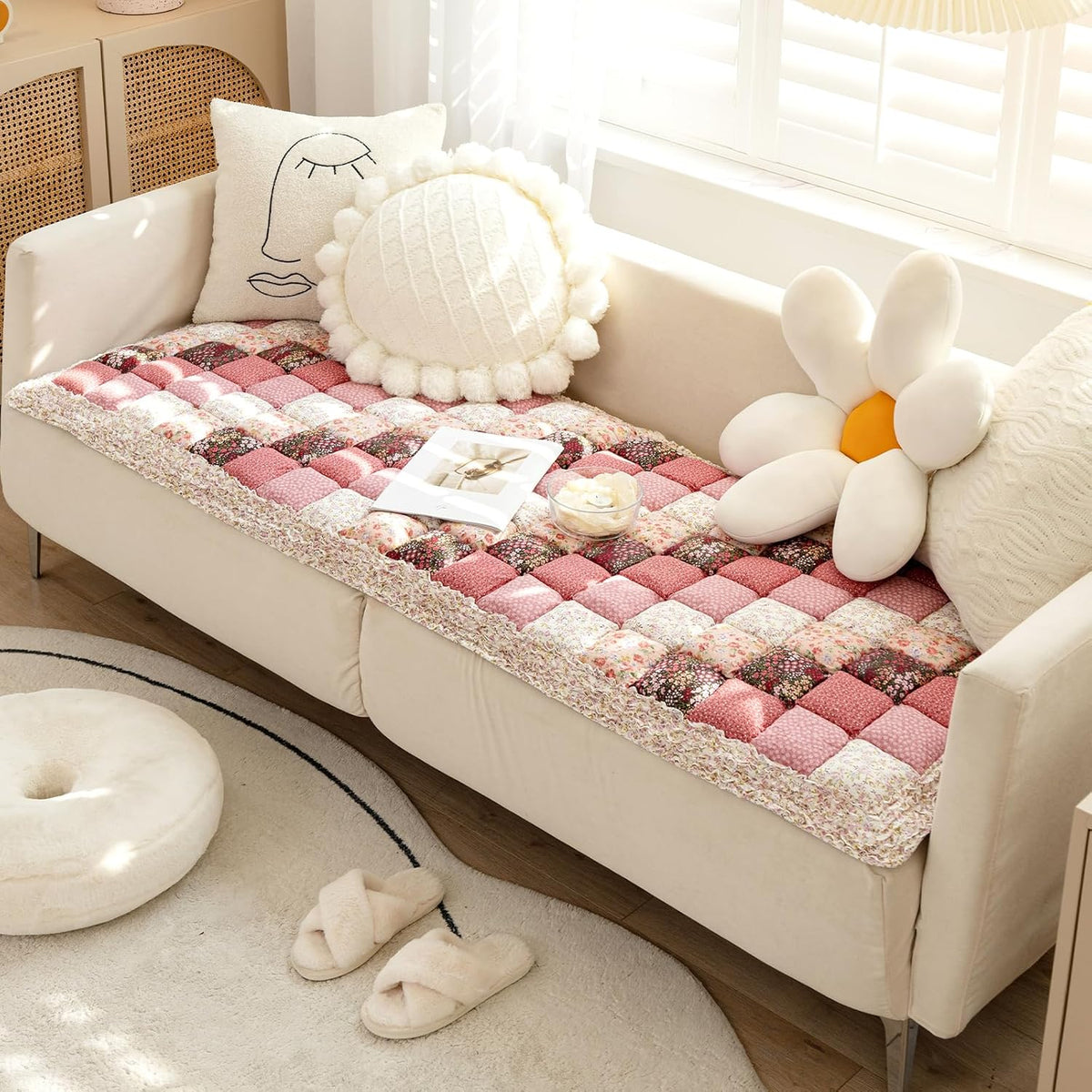 Boho Patchwork Magic Sofa Seat Slipcover, Anti-Slip Quilted Thick Cushion Couch Cover, Print Pet Mat Bed Blankets for Puppy and Cat, Super Soft Pad Furniture Protector (Pink,27.6*59.1inch/70*150cm)