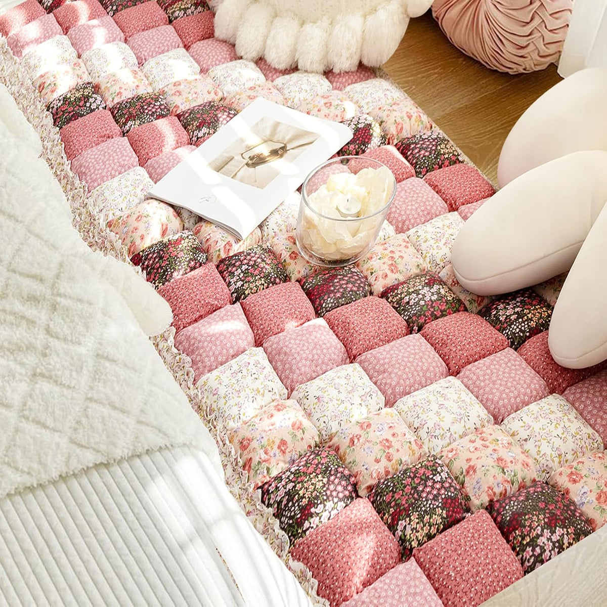 Boho Patchwork Magic Sofa Seat Slipcover, Anti-Slip Quilted Thick Cushion Couch Cover, Print Pet Mat Bed Blankets for Puppy and Cat, Super Soft Pad Furniture Protector (Pink,27.6*59.1inch/70*150cm)
