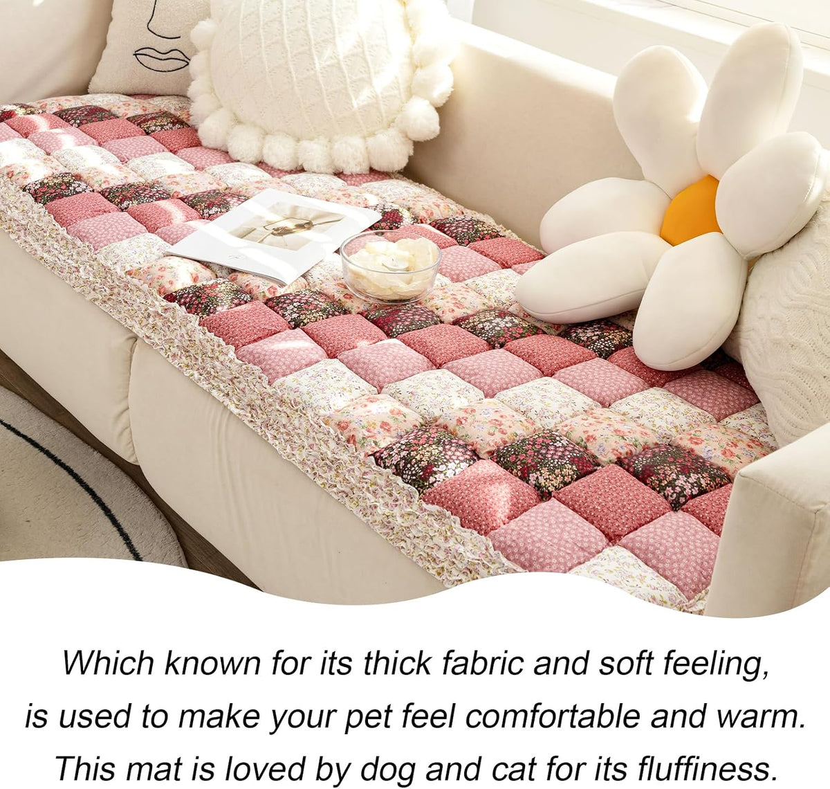 Boho Patchwork Magic Sofa Seat Slipcover, Anti-Slip Quilted Thick Cushion Couch Cover, Print Pet Mat Bed Blankets for Puppy and Cat, Super Soft Pad Furniture Protector (Pink,27.6*59.1inch/70*150cm)