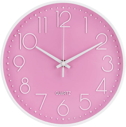 Wall Clock Non-Ticking Silent Modern Simple Style Round Decor Clock Stereoscopic Dial Quartz Wall Clocks for Home/Office/School/Living Room/Bedroom/Kitchen (Pink, 8inch)