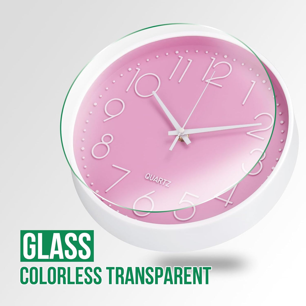 Wall Clock Non-Ticking Silent Modern Simple Style Round Decor Clock Stereoscopic Dial Quartz Wall Clocks for Home/Office/School/Living Room/Bedroom/Kitchen (Pink, 8inch)