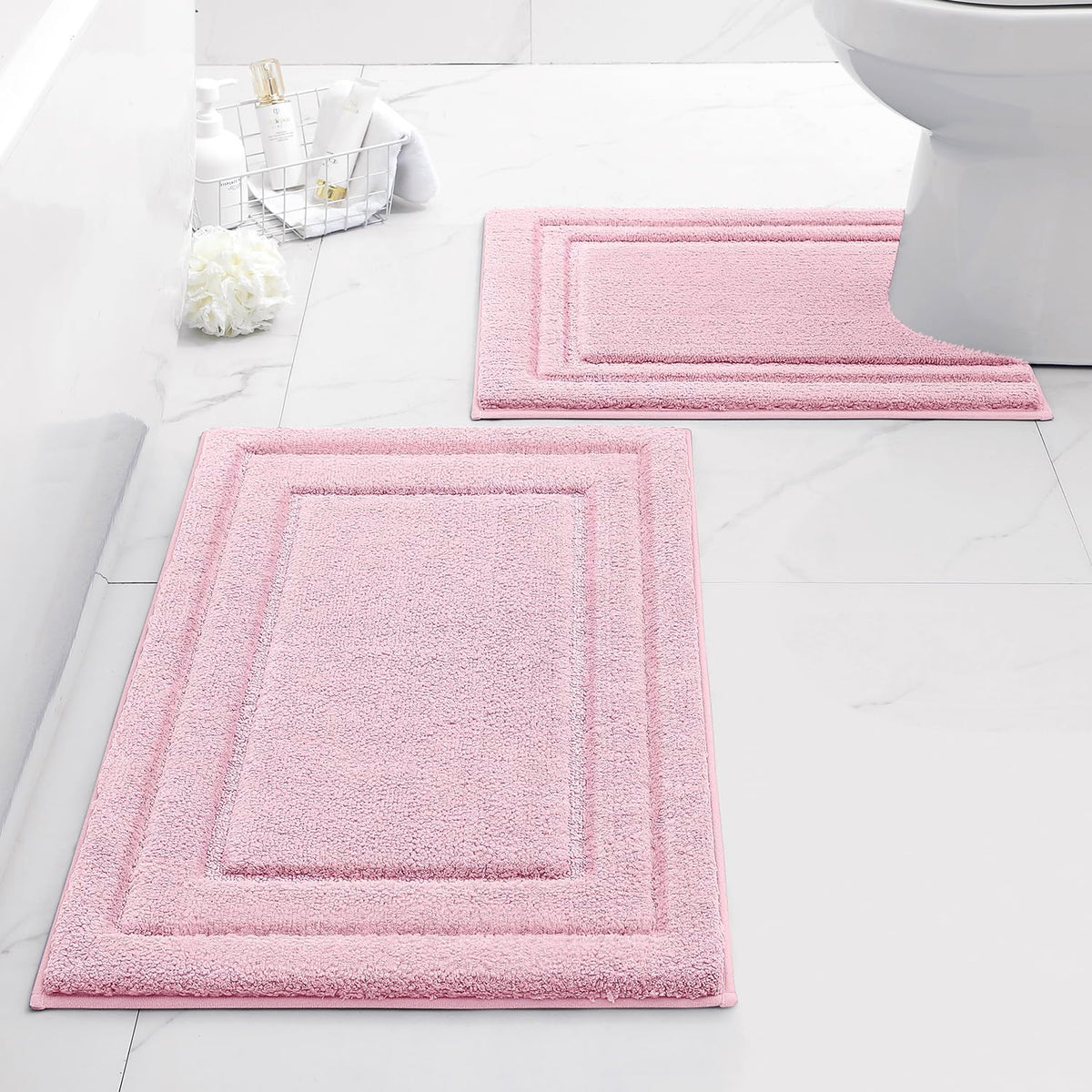 Bathroom Rugs Sets 2 Piece, Super Soft and Absorbent Non Slip Microfiber U-Shaped Toilet Bath Mat Set (20"x32"+U20 x24, Light Pink)