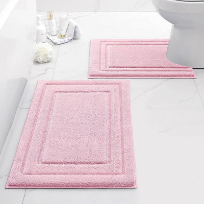 Bathroom Rugs Sets 2 Piece, Super Soft and Absorbent Non Slip Microfiber U-Shaped Toilet Bath Mat Set (20"x32"+U20 x24, Light Pink)