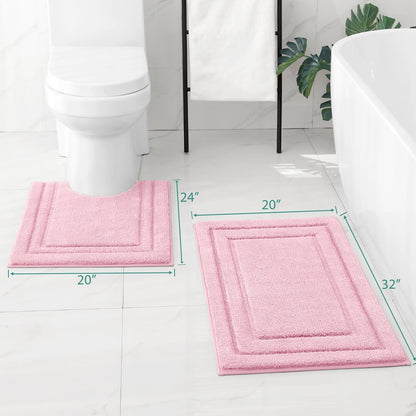Bathroom Rugs Sets 2 Piece, Super Soft and Absorbent Non Slip Microfiber U-Shaped Toilet Bath Mat Set (20"x32"+U20 x24, Light Pink)