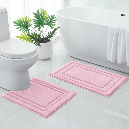 Bathroom Rugs Sets 2 Piece, Super Soft and Absorbent Non Slip Microfiber U-Shaped Toilet Bath Mat Set (20"x32"+U20 x24, Light Pink)