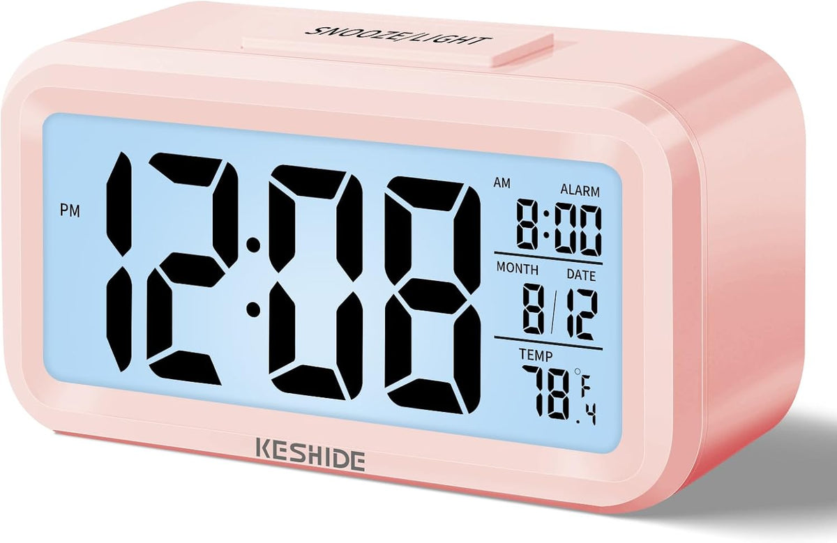 Night Light Digital Alarm Clock Battery Operated with Indoor Temperature, Desk Small Clock,Snooze Model,12/24H Display for Bedrooms Heavy Sleepers Kids Travel Bathroom (Pink)