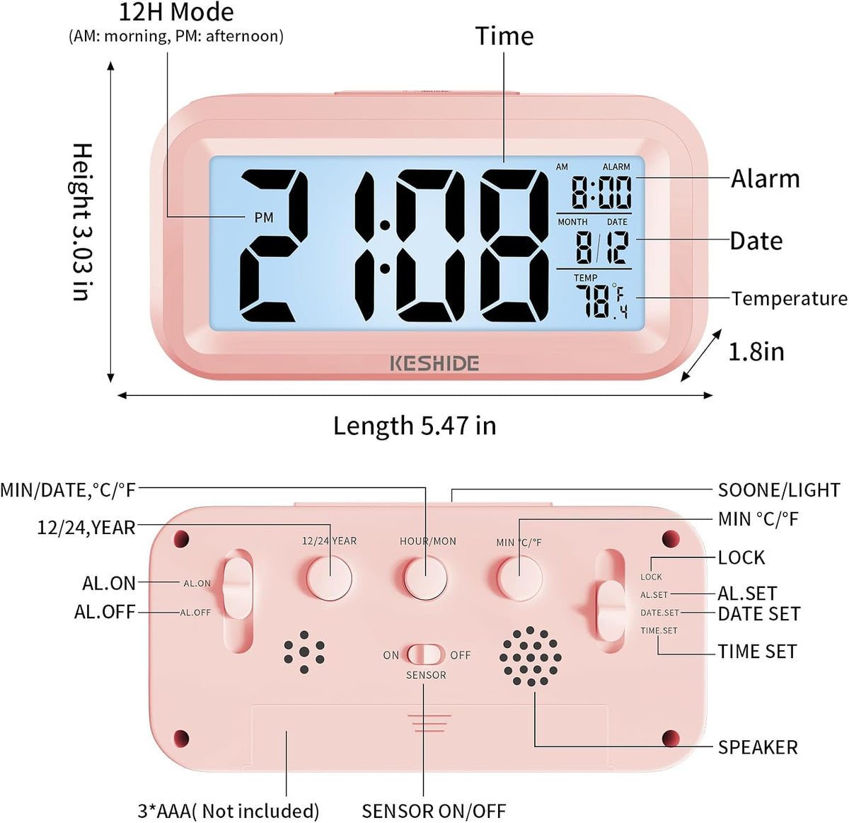 Night Light Digital Alarm Clock Battery Operated with Indoor Temperature, Desk Small Clock,Snooze Model,12/24H Display for Bedrooms Heavy Sleepers Kids Travel Bathroom (Pink)