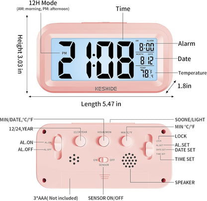 Night Light Digital Alarm Clock Battery Operated with Indoor Temperature, Desk Small Clock,Snooze Model,12/24H Display for Bedrooms Heavy Sleepers Kids Travel Bathroom (Pink)