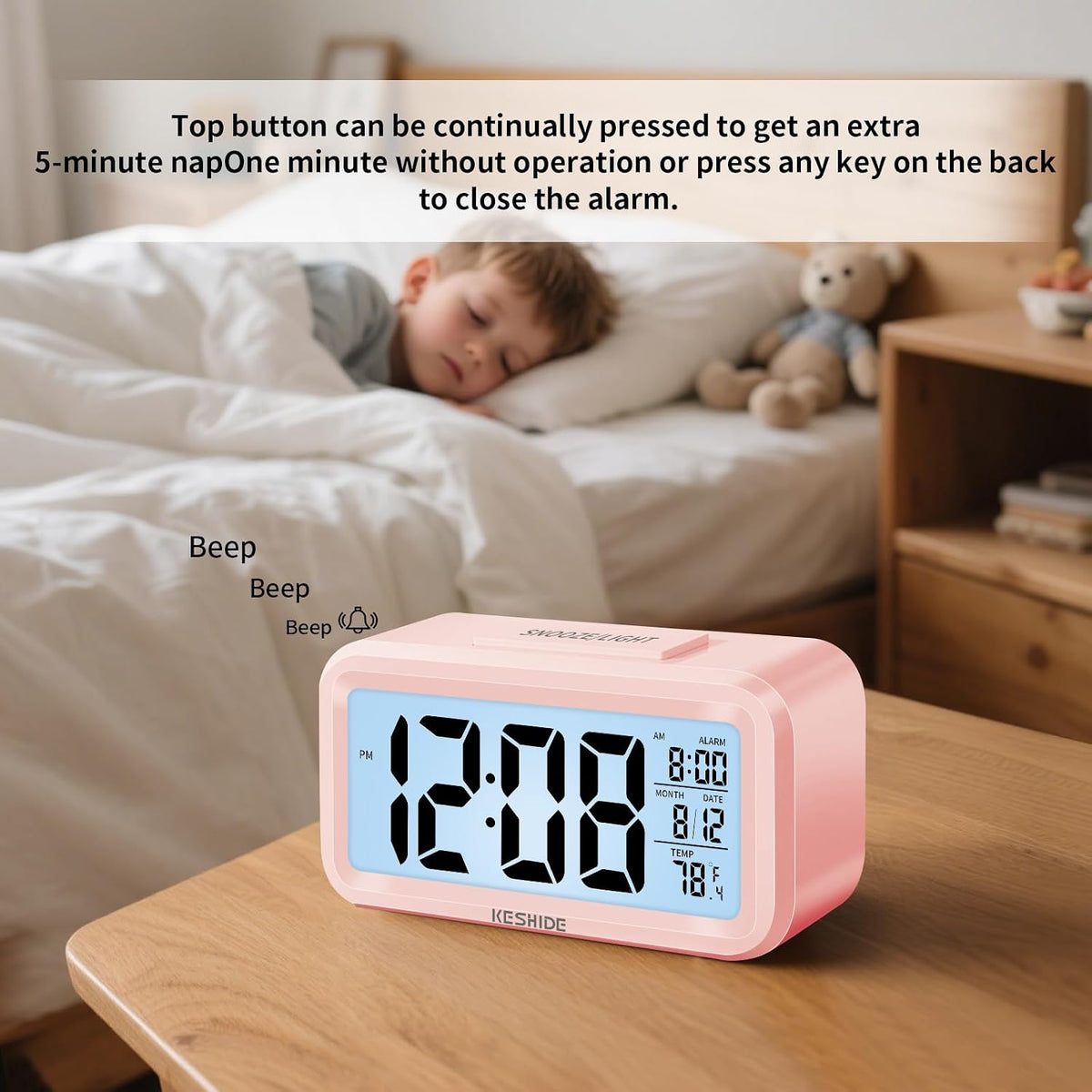 Night Light Digital Alarm Clock Battery Operated with Indoor Temperature, Desk Small Clock,Snooze Model,12/24H Display for Bedrooms Heavy Sleepers Kids Travel Bathroom (Pink)