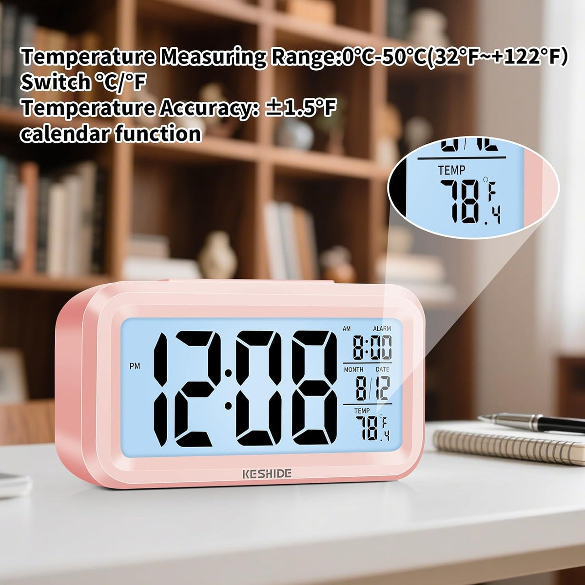 Night Light Digital Alarm Clock Battery Operated with Indoor Temperature, Desk Small Clock,Snooze Model,12/24H Display for Bedrooms Heavy Sleepers Kids Travel Bathroom (Pink)