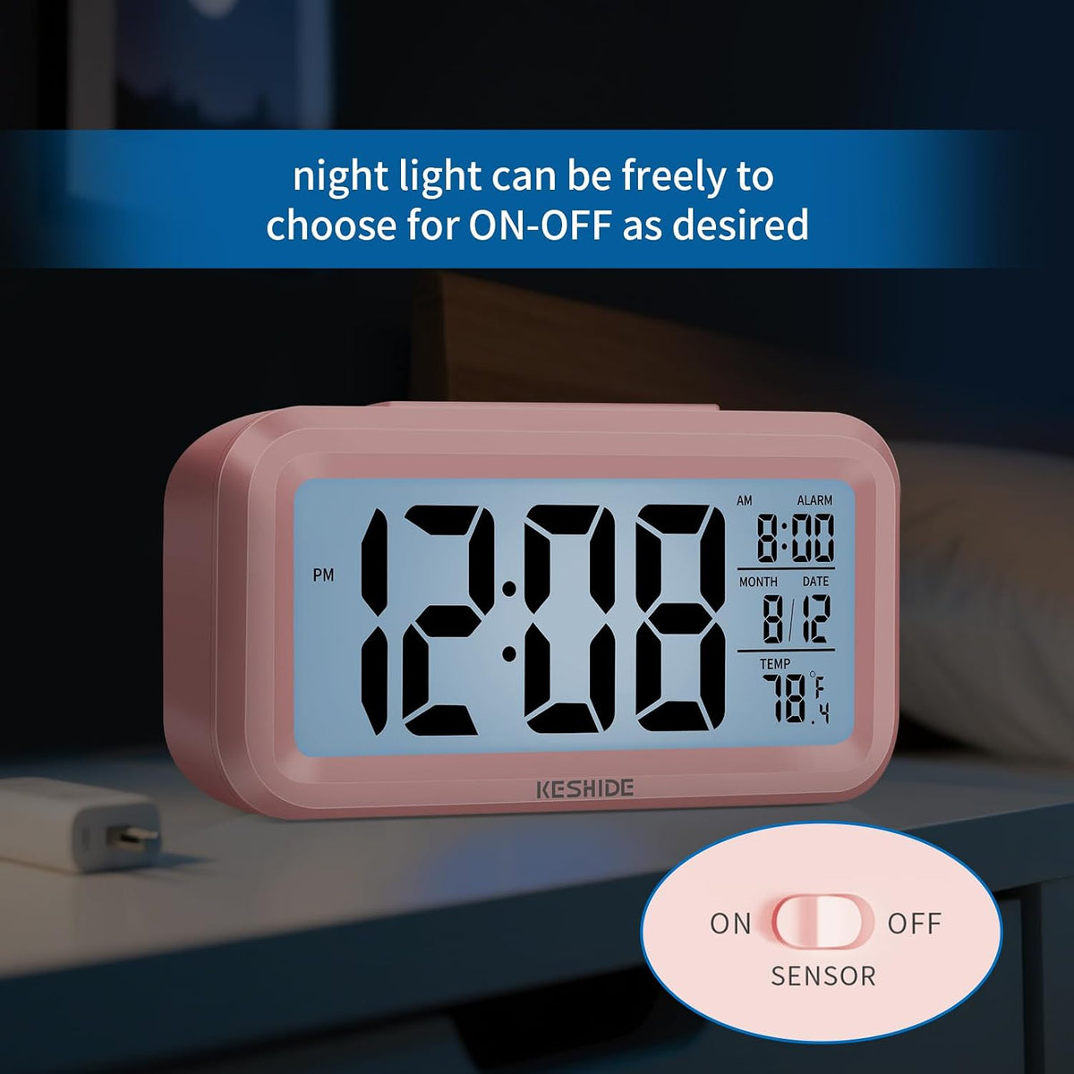 Night Light Digital Alarm Clock Battery Operated with Indoor Temperature, Desk Small Clock,Snooze Model,12/24H Display for Bedrooms Heavy Sleepers Kids Travel Bathroom (Pink)