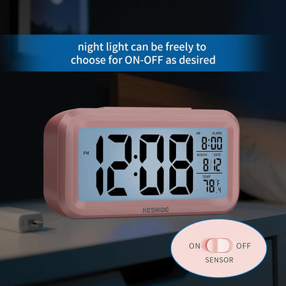 Night Light Digital Alarm Clock Battery Operated with Indoor Temperature, Desk Small Clock,Snooze Model,12/24H Display for Bedrooms Heavy Sleepers Kids Travel Bathroom (Pink)