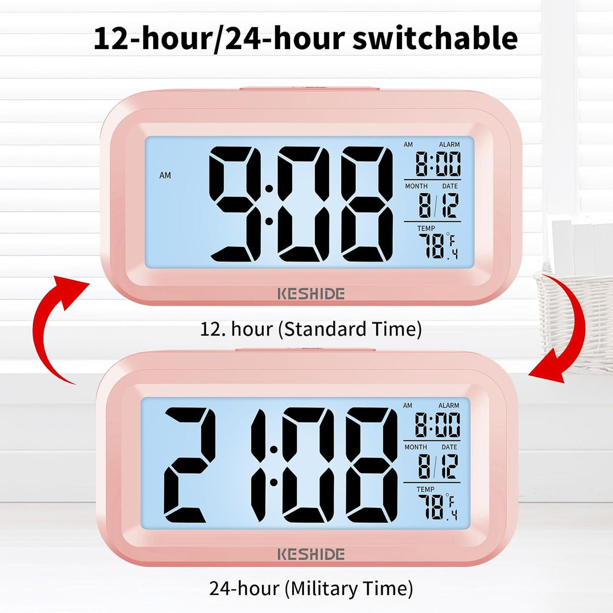 Night Light Digital Alarm Clock Battery Operated with Indoor Temperature, Desk Small Clock,Snooze Model,12/24H Display for Bedrooms Heavy Sleepers Kids Travel Bathroom (Pink)