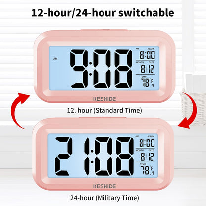 Night Light Digital Alarm Clock Battery Operated with Indoor Temperature, Desk Small Clock,Snooze Model,12/24H Display for Bedrooms Heavy Sleepers Kids Travel Bathroom (Pink)