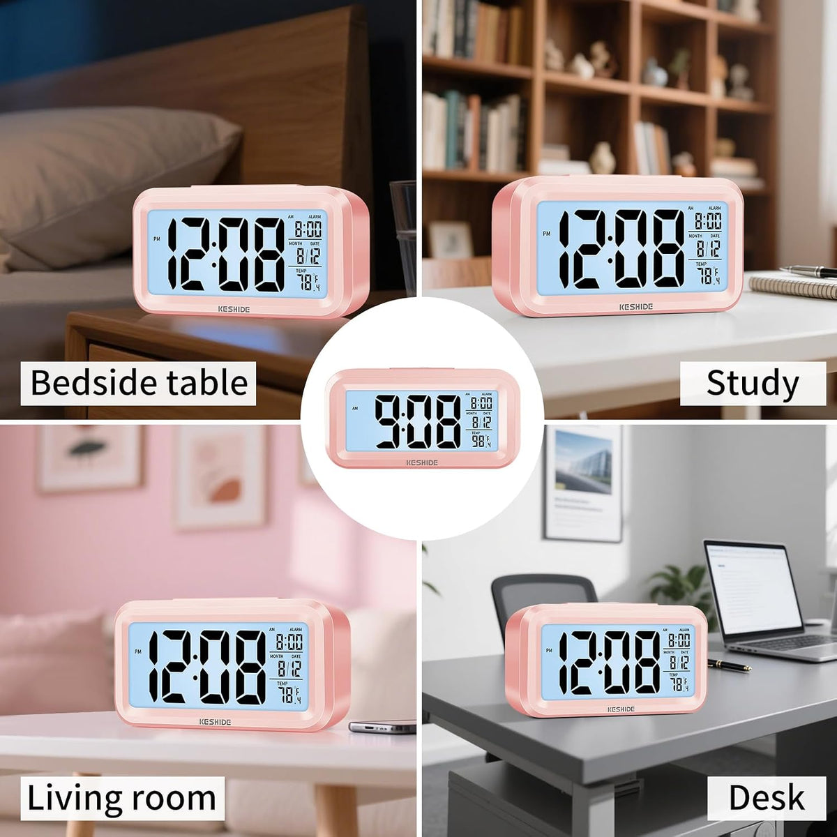 Night Light Digital Alarm Clock Battery Operated with Indoor Temperature, Desk Small Clock,Snooze Model,12/24H Display for Bedrooms Heavy Sleepers Kids Travel Bathroom (Pink)