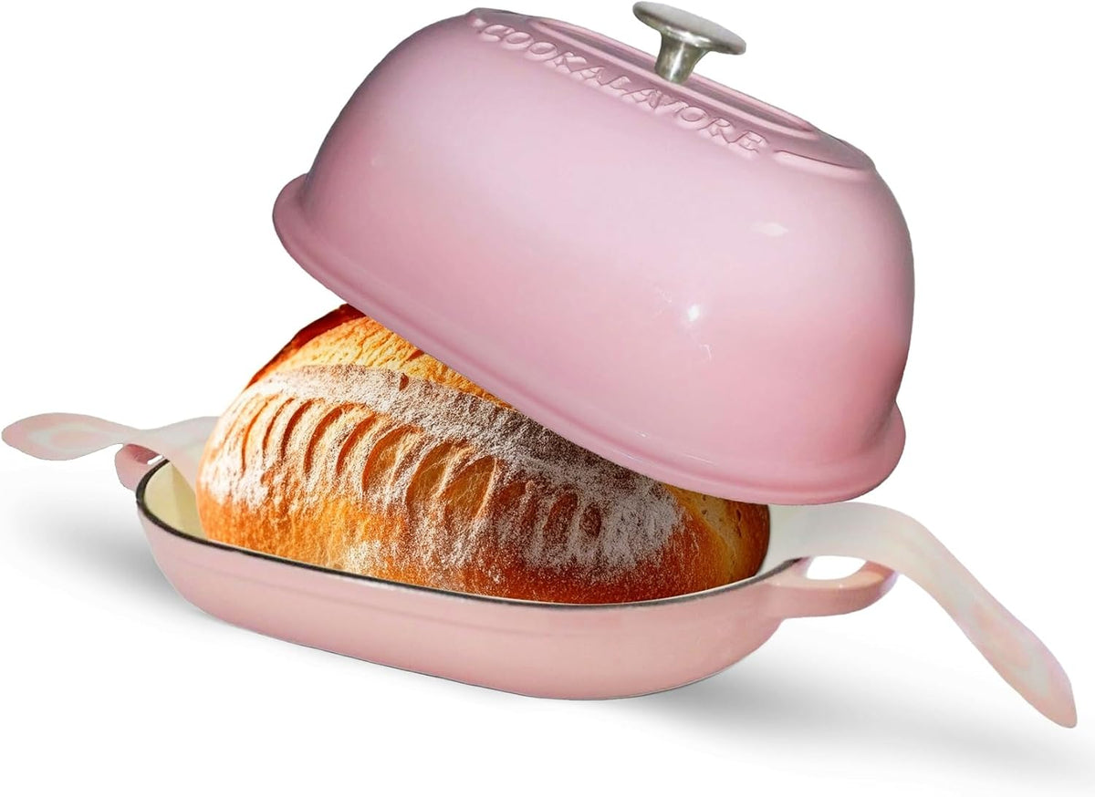 Cast Iron Bread Oven,6 QT Bread Oven,Thick Enameled Loaf Pan with Lid,Bread Pans for Homemade Bread,14.5"Dutch Oven for Bread Baking,Dutch Oven-with Silicone Baking Mat&Recipe,Gifts for Family,Pink