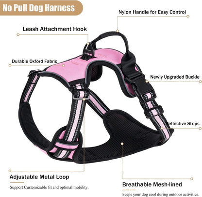 No Pull Dog Harness, Adjustable Reflective Front Clip Pet Vest with Easy Control Handle for Medium Large Dogs (Pink,L)