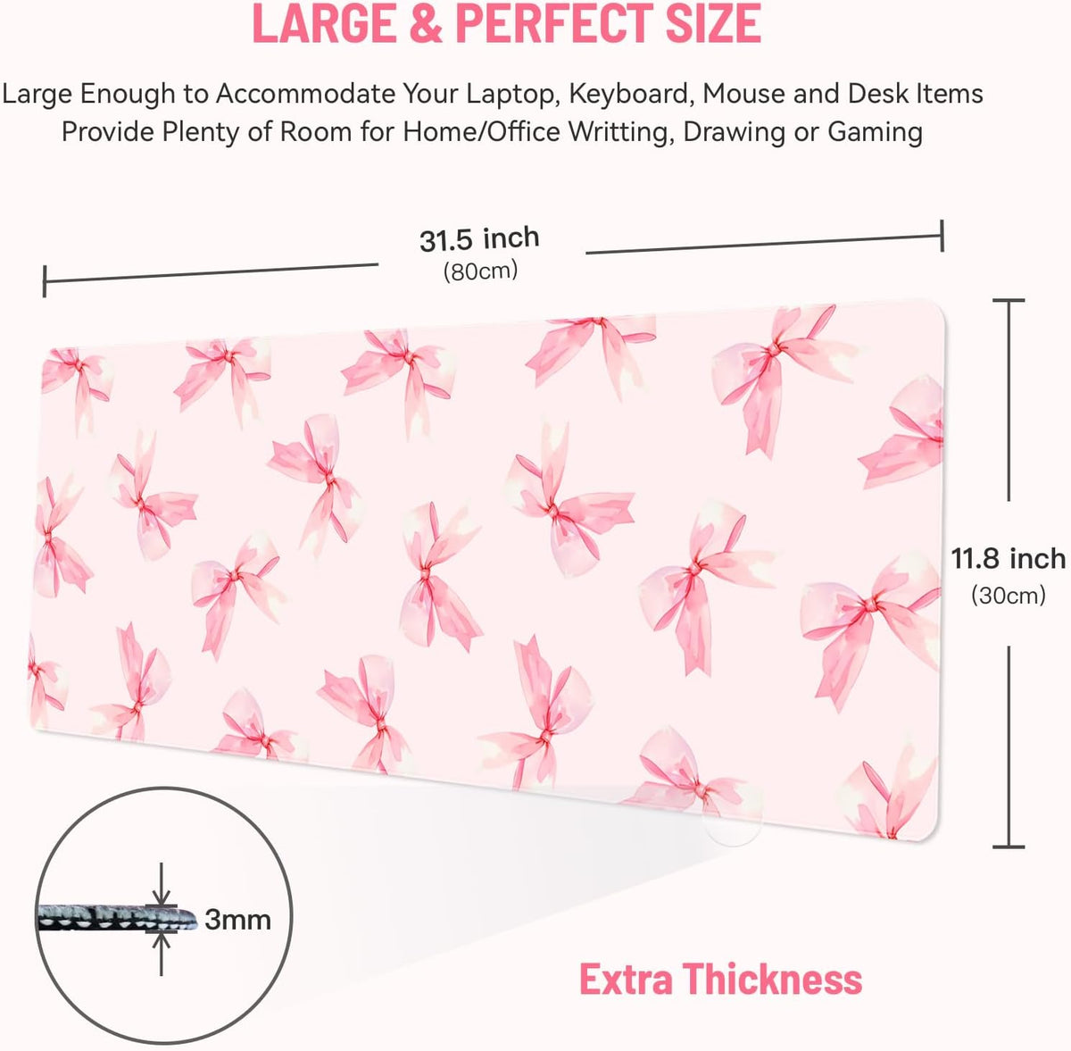 Cute Desk Mat for Keyboard Desktop Extra Large Mouse Pad, Pink Bow