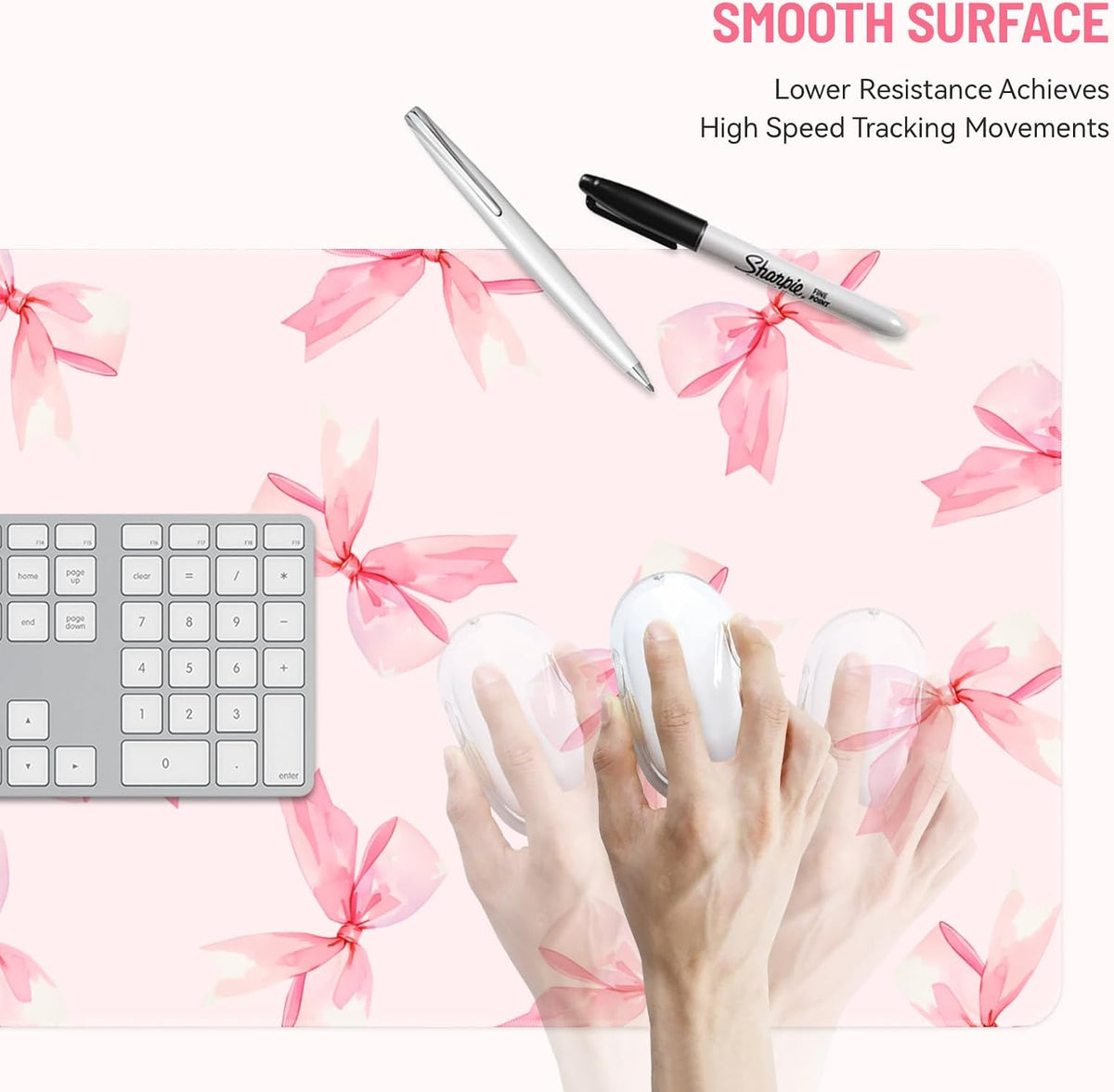 Cute Desk Mat for Keyboard Desktop Extra Large Mouse Pad, Pink Bow