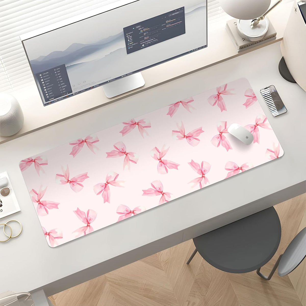 Cute Desk Mat for Keyboard Desktop Extra Large Mouse Pad, Pink Bow