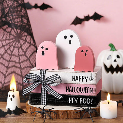 6 Pcs Halloween Table Decor Pastel Pink Ghost Wooden Sign