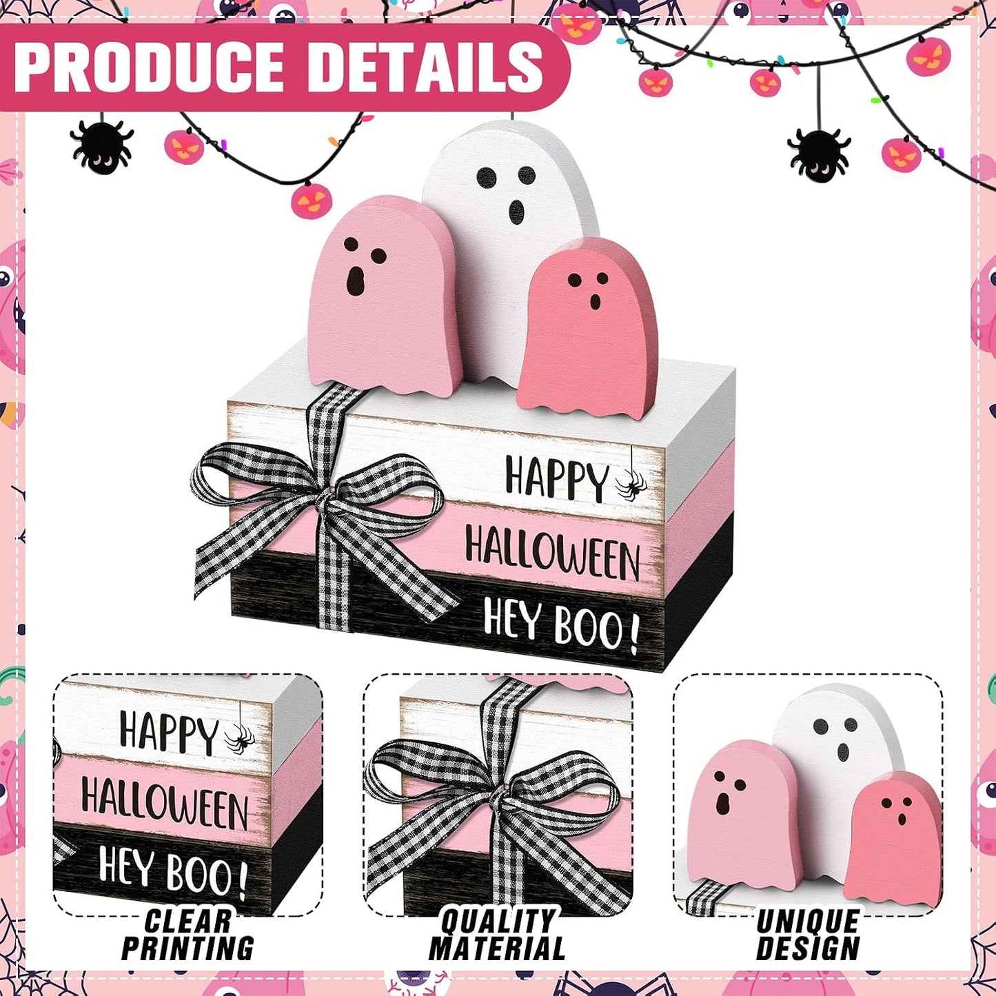 6 Pcs Halloween Table Decor Pastel Pink Ghost Wooden Sign