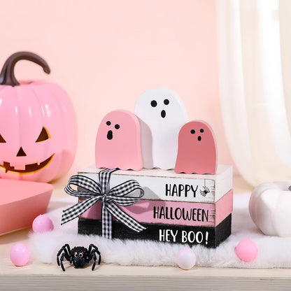 6 Pcs Halloween Table Decor Pastel Pink Ghost Wooden Sign