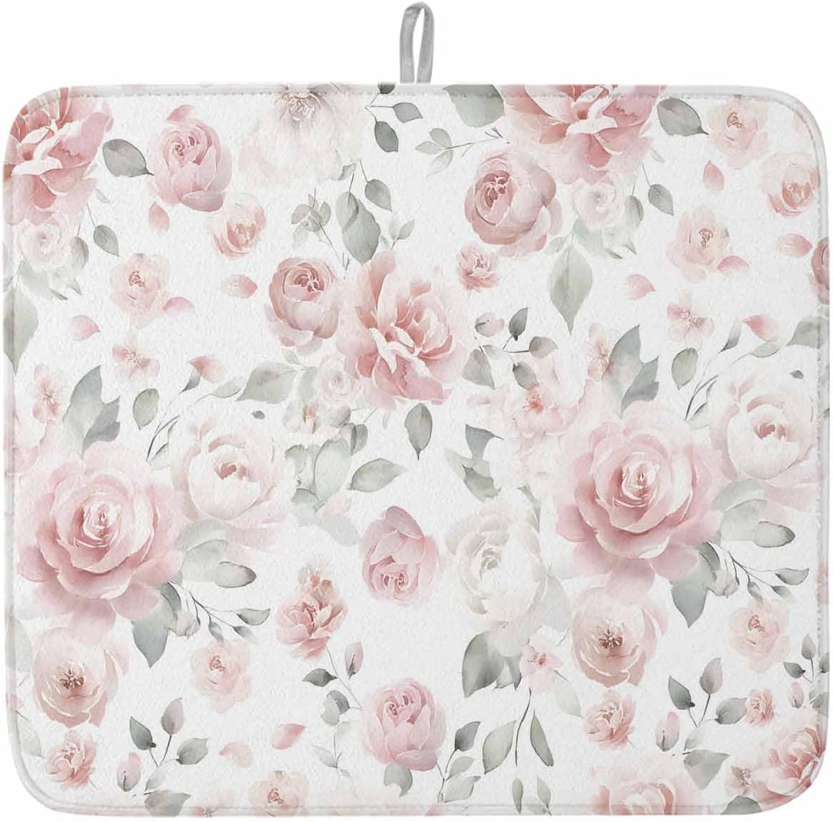 Light Pink Flowers Dish Drying Mat for Kitchen Counter Gray Leaf Spring Floral Farm Plant Absorbent Microfiber Quick Dry Pad Non Slip Drainer Mats 16x18 Inch, 1 Pack