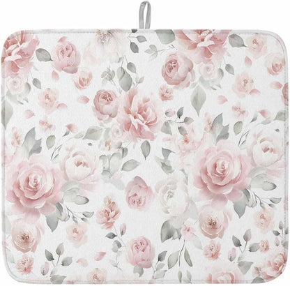 Light Pink Flowers Dish Drying Mat for Kitchen Counter Gray Leaf Spring Floral Farm Plant Absorbent Microfiber Quick Dry Pad Non Slip Drainer Mats 16x18 Inch, 1 Pack