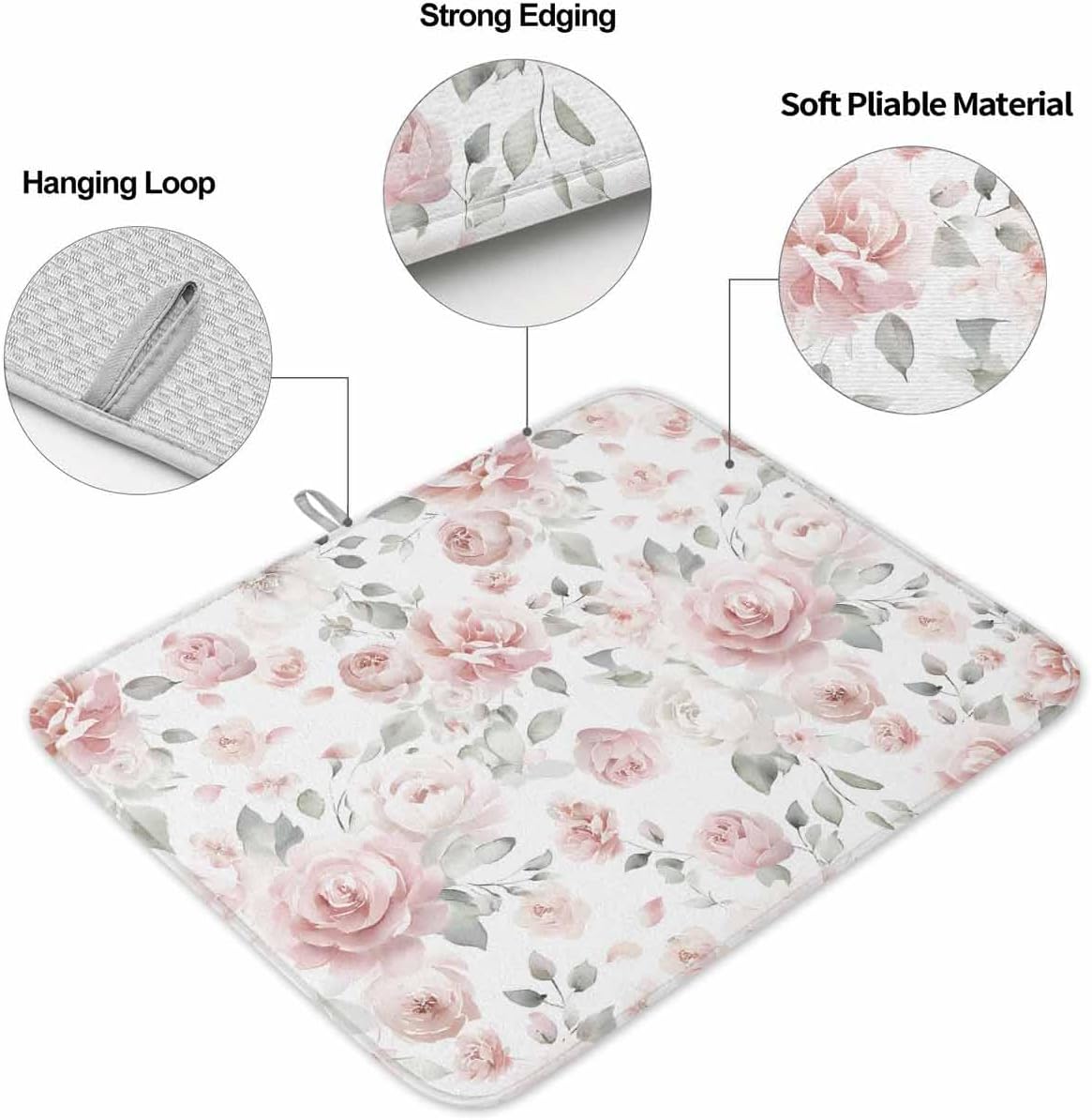 Light Pink Flowers Dish Drying Mat for Kitchen Counter Gray Leaf Spring Floral Farm Plant Absorbent Microfiber Quick Dry Pad Non Slip Drainer Mats 16x18 Inch, 1 Pack