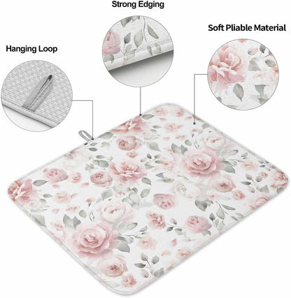Light Pink Flowers Dish Drying Mat for Kitchen Counter Gray Leaf Spring Floral Farm Plant Absorbent Microfiber Quick Dry Pad Non Slip Drainer Mats 16x18 Inch, 1 Pack