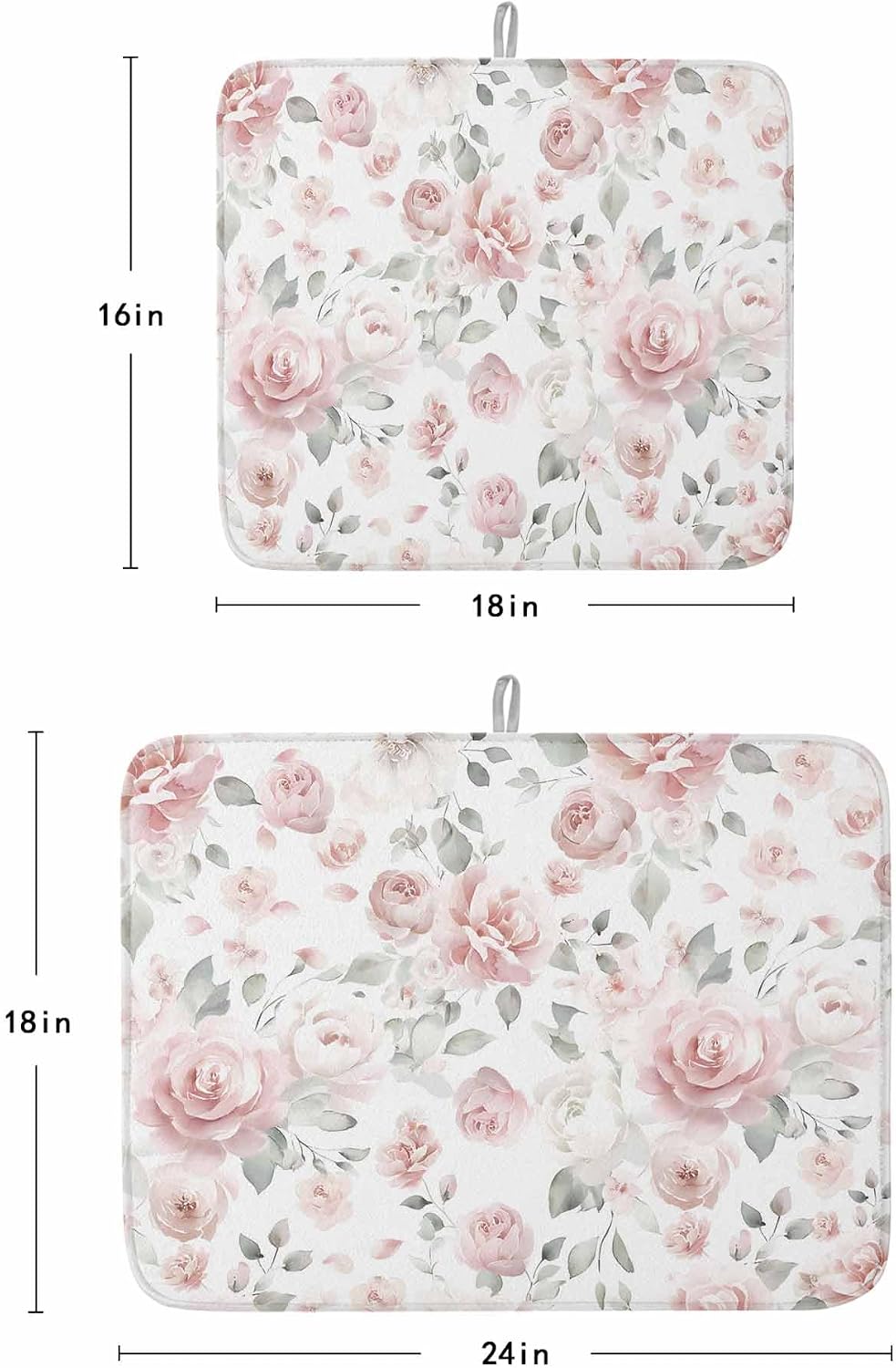 Light Pink Flowers Dish Drying Mat for Kitchen Counter Gray Leaf Spring Floral Farm Plant Absorbent Microfiber Quick Dry Pad Non Slip Drainer Mats 16x18 Inch, 1 Pack