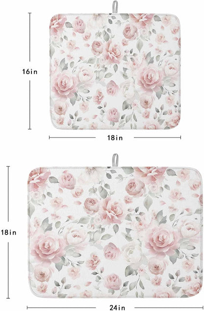 Light Pink Flowers Dish Drying Mat for Kitchen Counter Gray Leaf Spring Floral Farm Plant Absorbent Microfiber Quick Dry Pad Non Slip Drainer Mats 16x18 Inch, 1 Pack