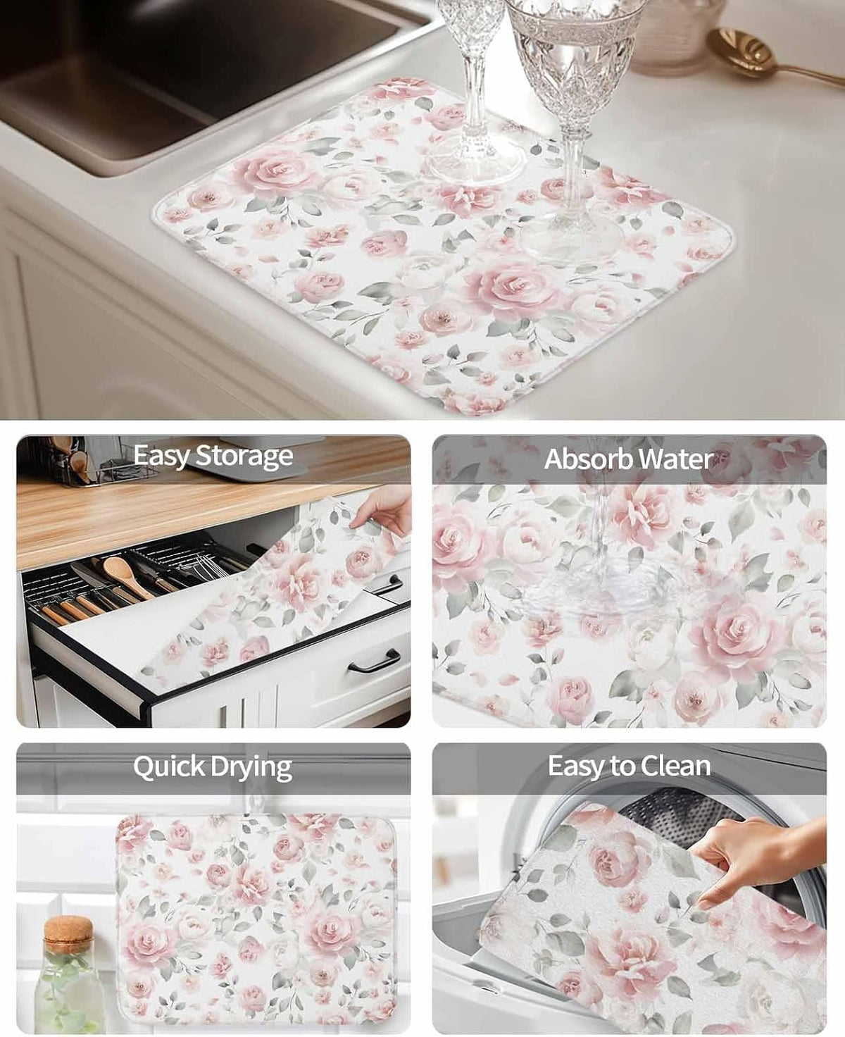 Light Pink Flowers Dish Drying Mat for Kitchen Counter Gray Leaf Spring Floral Farm Plant Absorbent Microfiber Quick Dry Pad Non Slip Drainer Mats 16x18 Inch, 1 Pack