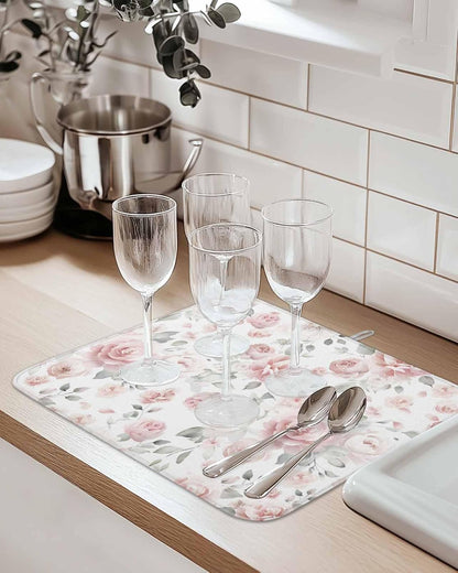 Light Pink Flowers Dish Drying Mat for Kitchen Counter Gray Leaf Spring Floral Farm Plant Absorbent Microfiber Quick Dry Pad Non Slip Drainer Mats 16x18 Inch, 1 Pack
