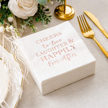 3-Ply 100 Pcs Bridal Shower Napkins Disposable Cocktail Napkins Rose Gold Foil Text Beverage Napkins for Engagement Party Decorations & Wedding Shower